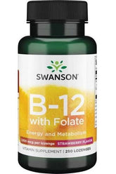 Swanson Vitamin B12 supplement with folate in strawberry flavor, 1000 mcg per lozenge, 250 count bottle.